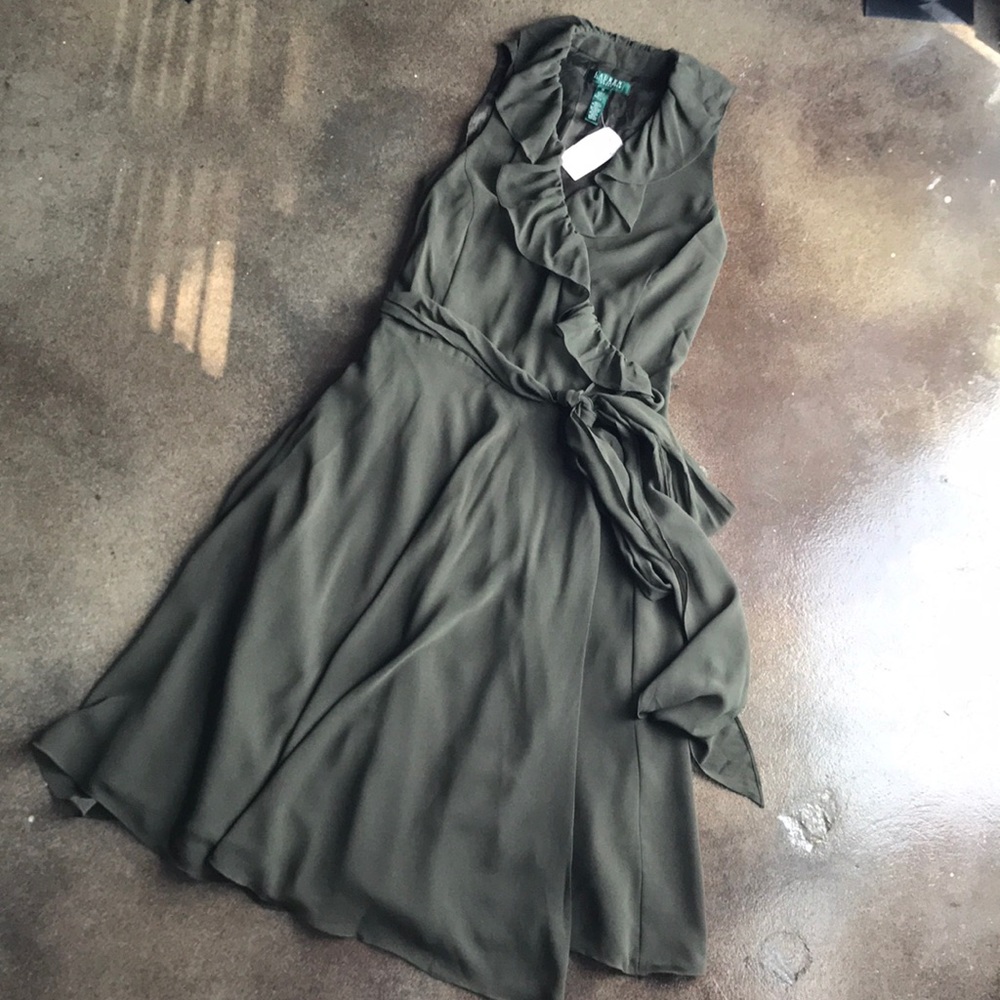 ✨HP New With Tags Chiffon Wraparound Olive Dress - Picture 1 of 8